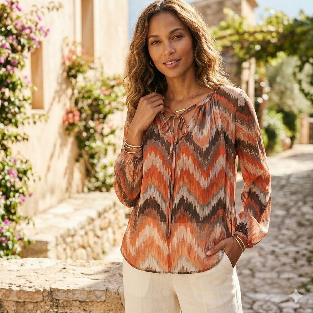 Tommy Bahama Silk Blouse Medium Georgia Winds Orange Sheer Chiffon Top preppy
